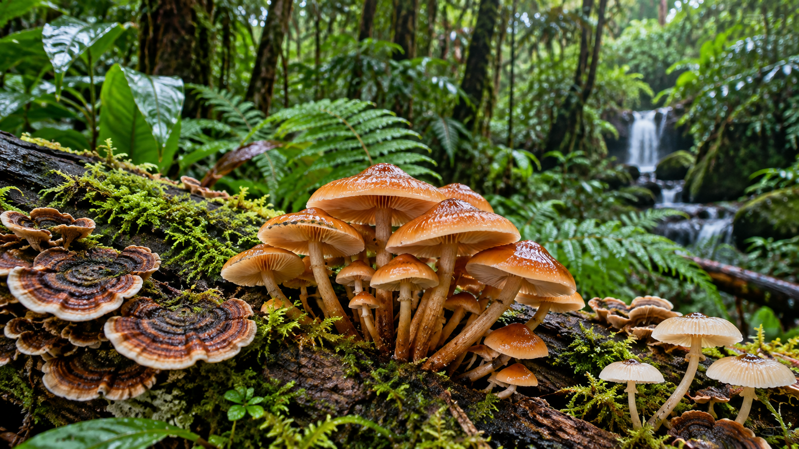 Fungi growing on a moss-covered log in a Kauaʻi rainforest